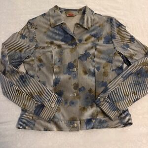 Olsen Europe Womens Blue White Pinstripe Floral Button Front Jacket US 8